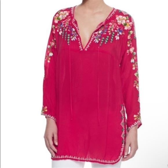 Johnny Was Vanessa Red Embroidered Semi Sheer Tunic Blouse - Picture 2 of 11
